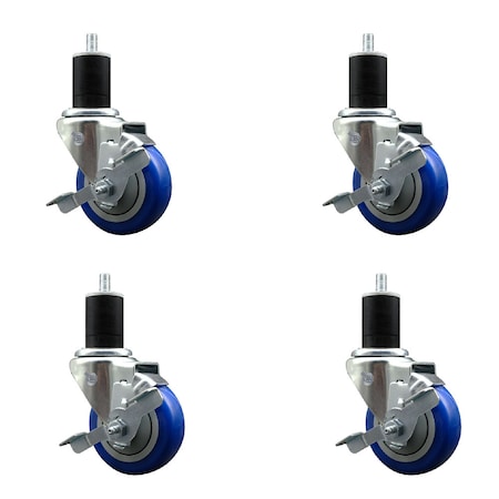 Service Caster 3.5'' SS Blue Poly Swivel 1-3/4'' Expanding Stem Caster Set with Brake, 4PK SCC-SSEX20S3514-PPUB-BLUE-TLB-134-4